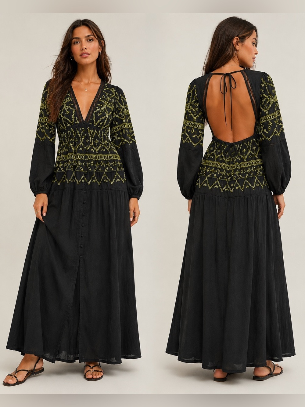 ASOS DESIGN Black Embroidered Boho Midi Dress Size 6